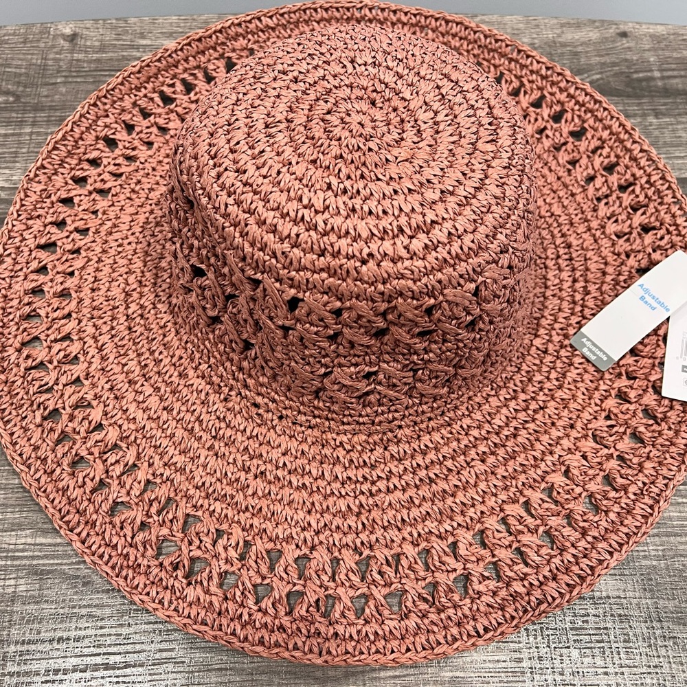 Time and Tru Crochet Wide-Brim Sun Hat - Rusty Coral